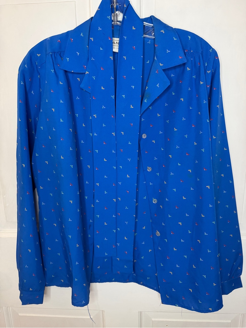 Vintage Kanga Women's 12 Blue Geometric Collared Button-Up Long Sleeve Blouse